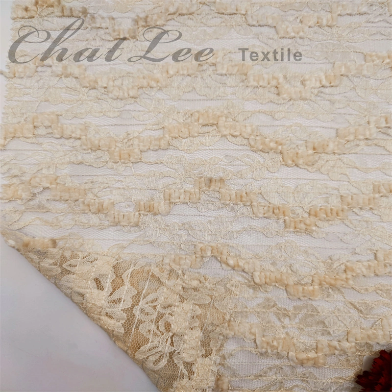 Poly Lace with Chenille Yarn Flower Wave Edge Embroidery Fabric for Skirt Dress Party Garment Fabric